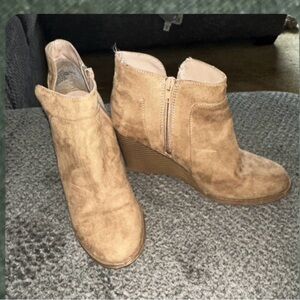 Tan suede wedge booties